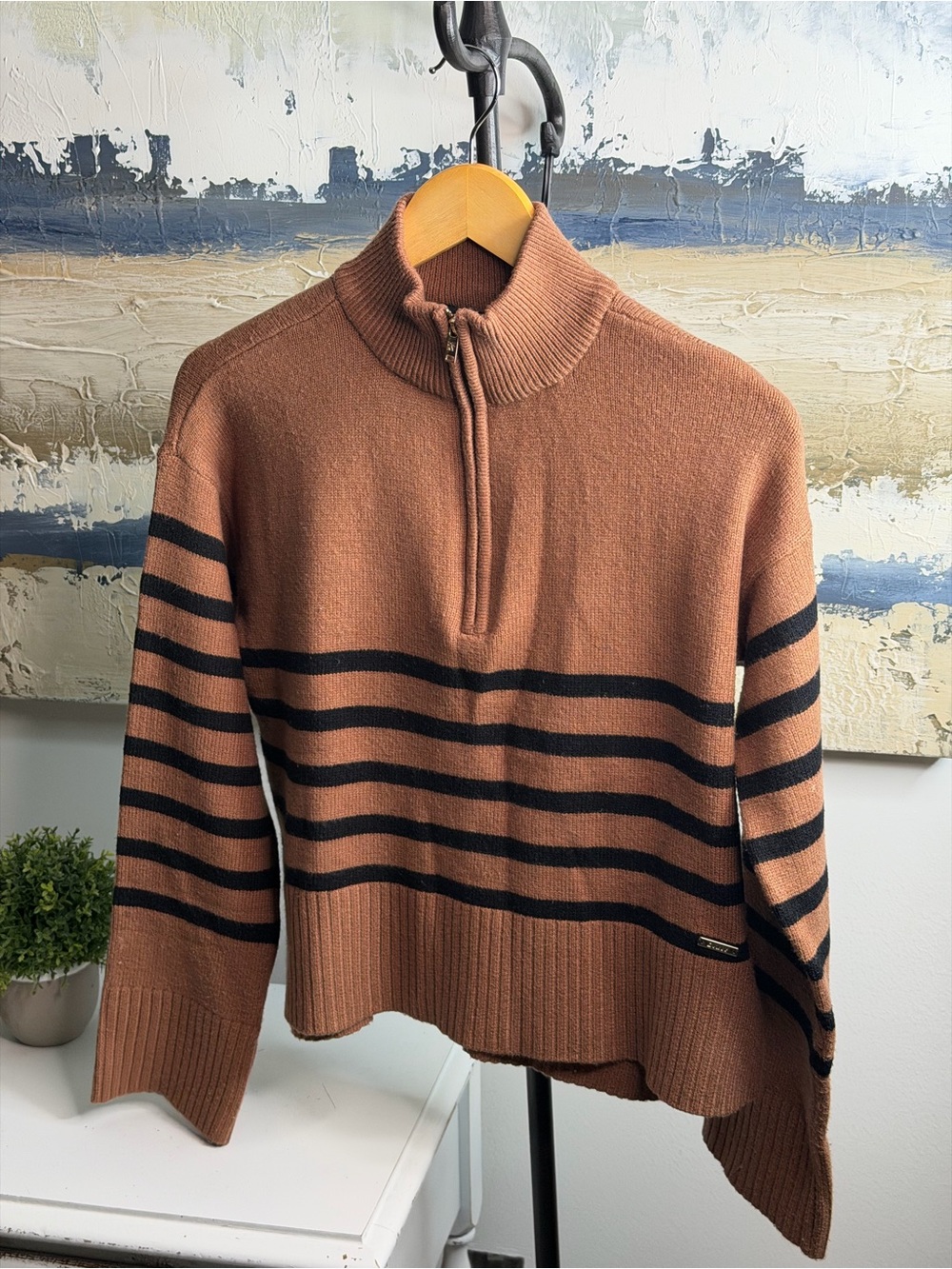 DKNY Men's Rust Zip-Front Sweater with Black Stripes S